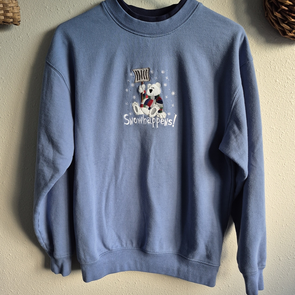 Vintage Double Collar Embroidered Sweatshirt Snow Happens Polar Bear Size M
